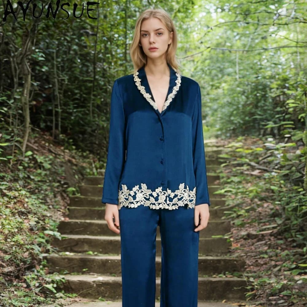AYUNSUE Set Pigiama Due Pezzi in Pura Seta di Gelso 19Mm, Abbigliamento Casual da Donna, Pantaloni e Top a Maniche Lunghe, Primavera Estate