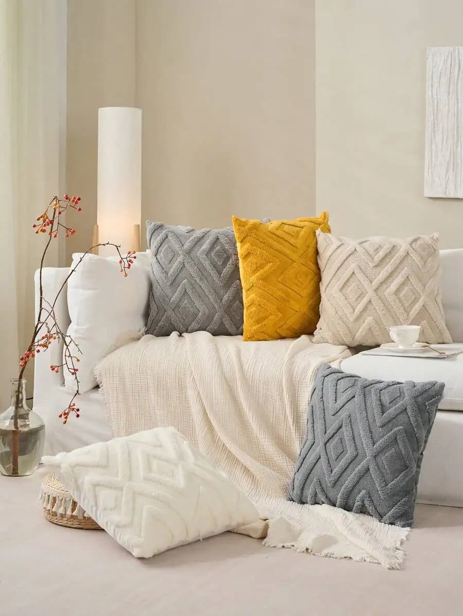 Set Of 2 Fluffy Cream White Geometric Pillow Covers 18x18 Inch Soft Decorative Boho Cushion For Sofa Bed Living Room