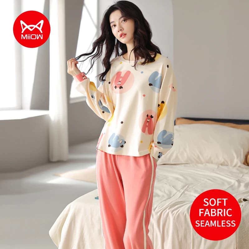 MIIOW Set Pigiama Stile Casual in Cotone per Donna, Abbigliamento da Casa con Maniche Lunghe e Pantaloni, Comodo e Morbido Completo da Notte