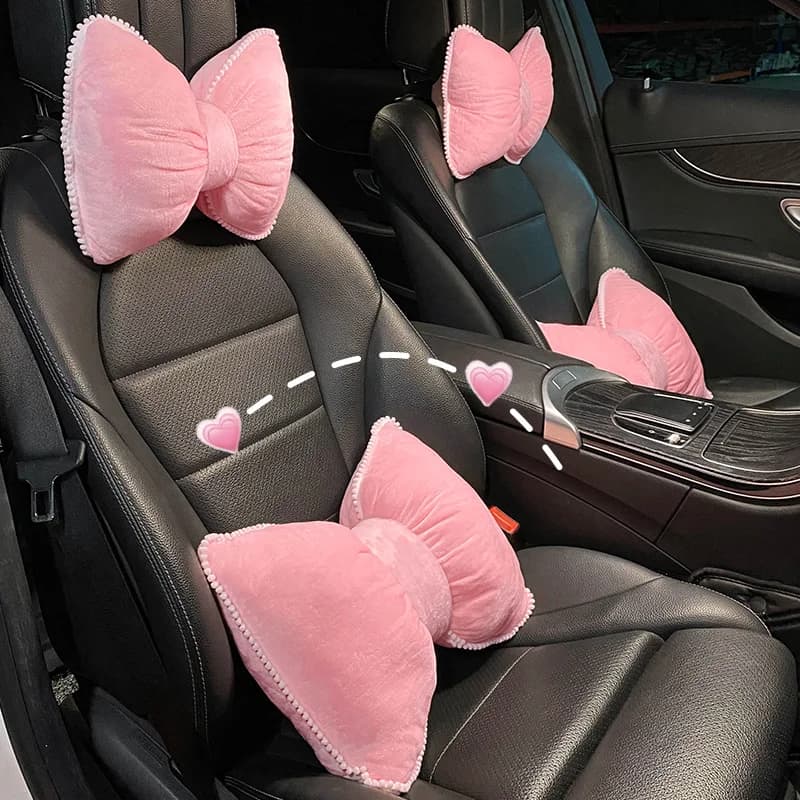 Comodo e Morbido Poggiatesta e Supporto Lombare per Auto in Peluche Rosa, Cuscino Decorativo con Fiocco per Collo e Schiena, Accessorio per Interni Auto Invernale