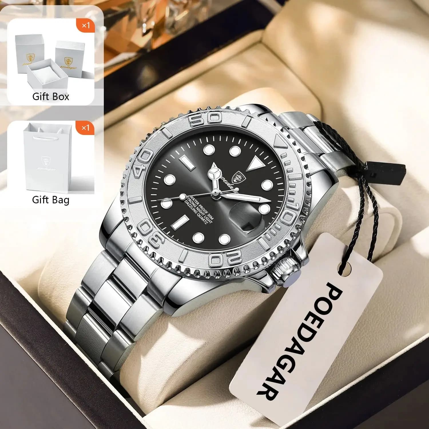 POEDAGAR Fashionable Men's Sports Watch Stainless Steel Waterproof Luminous Wrist Watch With Date Luxury Business Men's Quartz Watches + Box