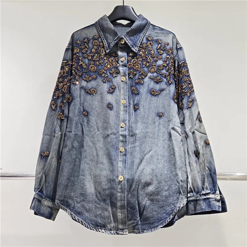 Vintage Washed Blue Denim Shirt Jacket Fashion Beaded Flower Women Cowboy Outwear Lapel Long Sleeve Jeans Jacket Coat Streetwear