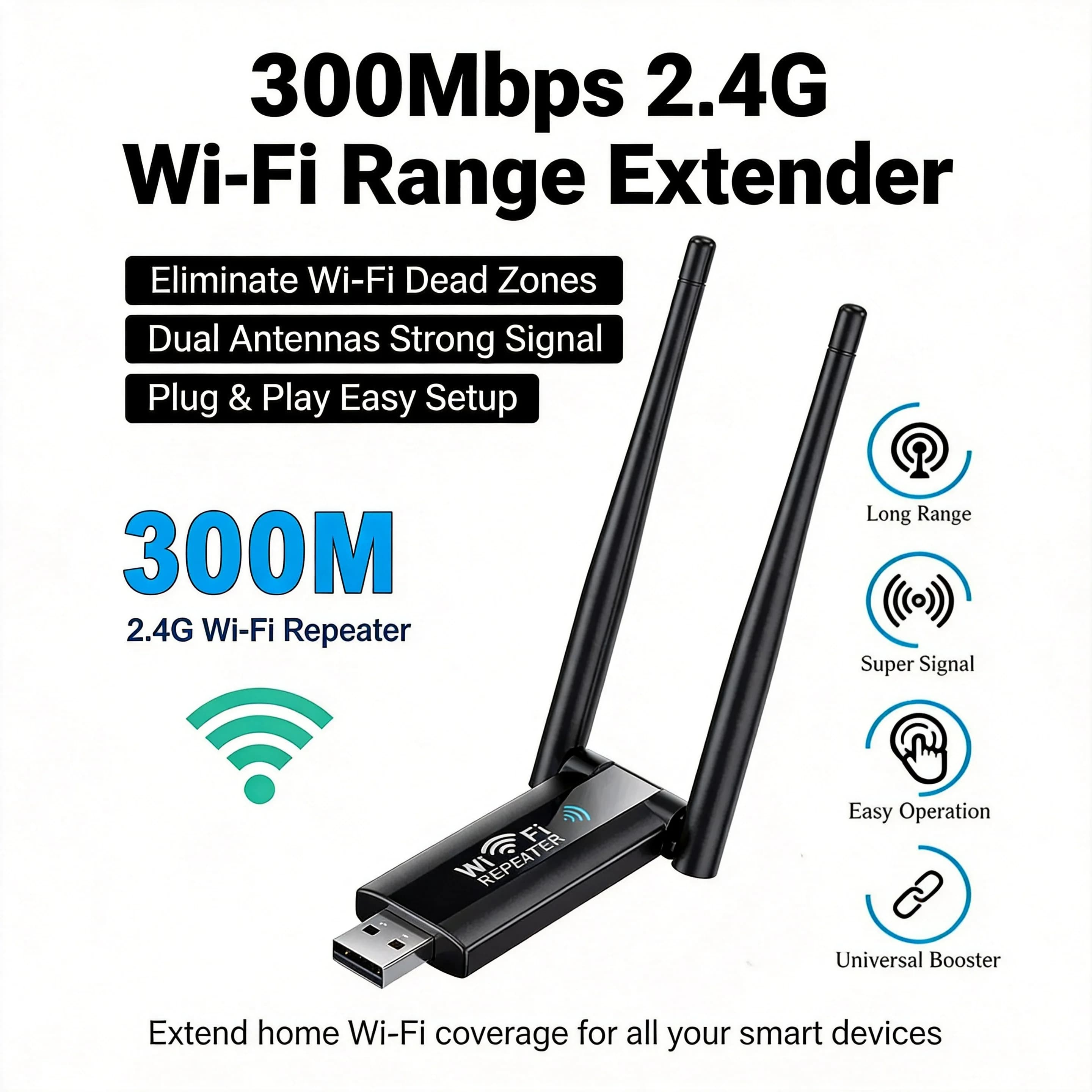 Ripetitore WiFi USB Wireless 2.4G 300Mbps – Amplificatore di Segnale WiFi, Estensore a Lungo Raggio per Estensione Router di Rete Domestica