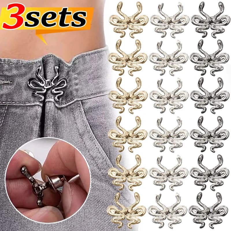 3 pairs of buttons in waist with adjustable buttons in metal for jeans, cute buttons in waist reusable in the shape of a snake for clothes