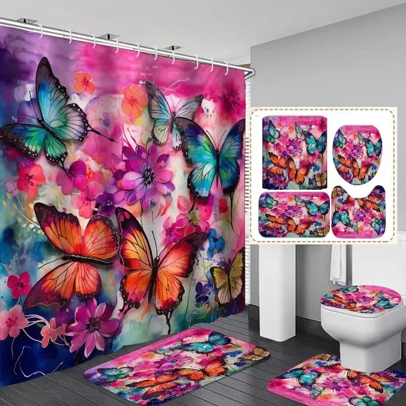 4 Pcs Eco-Friendly Polyester Bathroom Shower Curtain Set 3D Digital Printing Blue Light Butterfly Design Rugs 12 Durable Hooks