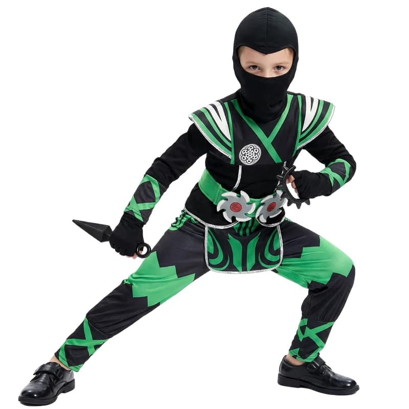 Set di costumi da ninja giapponese per bambini, vestito da samurai verde con 9 pezzi di giocattoli in regalo, costume da cosplay di Halloween per ragazzo/ragazza