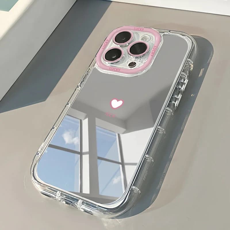 Custodia Minimalista a Cuore con Specchio e Cuscino d'Aria per iPhone 17 15 14 16 Pro Max 13 12 11 Pro XR XS 7 8 Plus 17Air INS