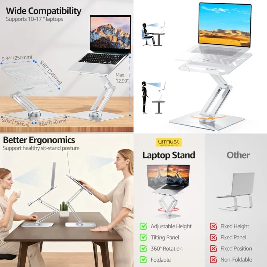 Supporto per Laptop Girevole a 360° per Scrivania, Altezza Regolabile, Rialzo Ergonomico per Laptop, Convertitore per Scrivania in Postazione Eretta, Supporto per MacBook, Supporto per Computer