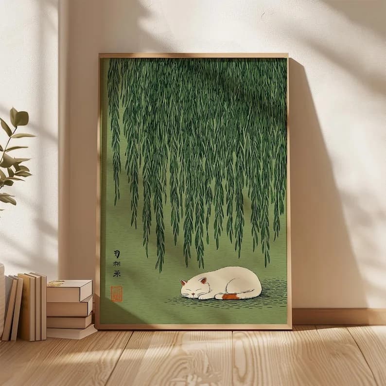 1pc Japanese Cat Under Willow Tree Poster, Unframed Green Nature Cat Wall Art Poster for Living Room and Bedroom Decortions G