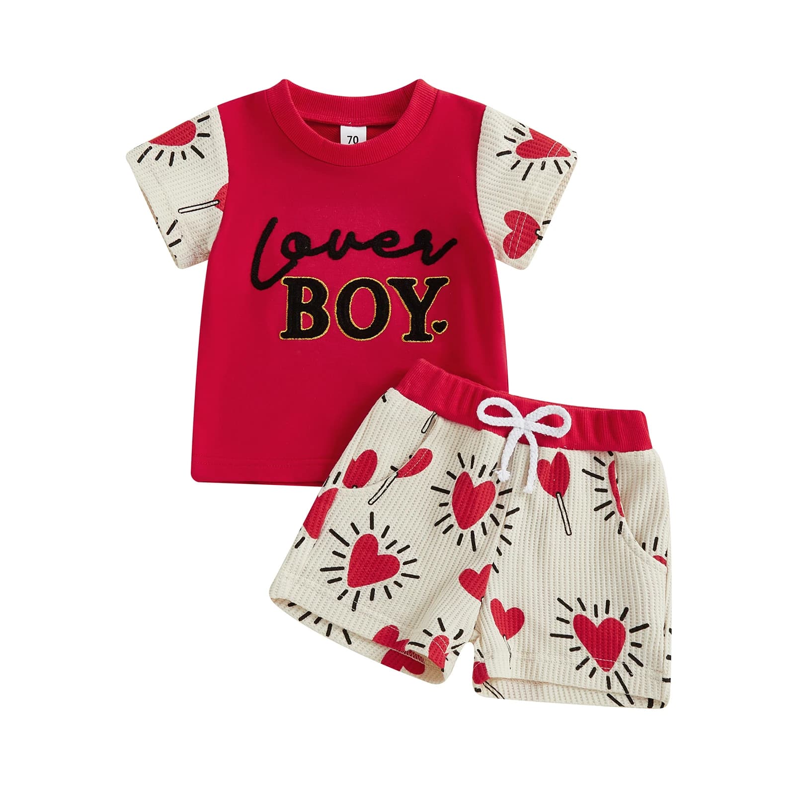 Complete with baby dress for Valentine's Day, short sleeve shirt with heart print and shorts, summer clothes set for children, complete with 2 pieces