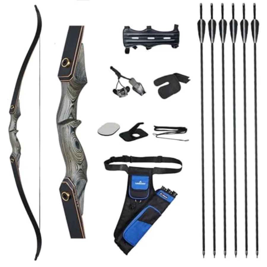 Set Arco Ricurvo da 60'' e Frecce per Adulti, per Tiro al Bersaglio, Competizione, Sopravvivenza, Arco Lungo per Destrorsi 30-50 libbre con 6 Frecce in Fibra