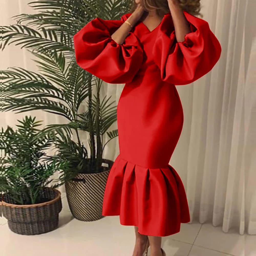 Abito da sera elegante da donna in raso tinta unita con maniche a sbuffo, orlo a sirena, per cocktail party, club, ballo di fine anno, con volant, per matrimoni e occasioni speciali