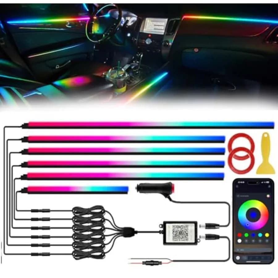 Luci LED per Interni Auto in Acrilico con App Wireless, Kit di Illuminazione Ambientale 6 in 1, Strisce LED in Fibra Ottica, 16 Milioni di Colori, Musica e Controllo