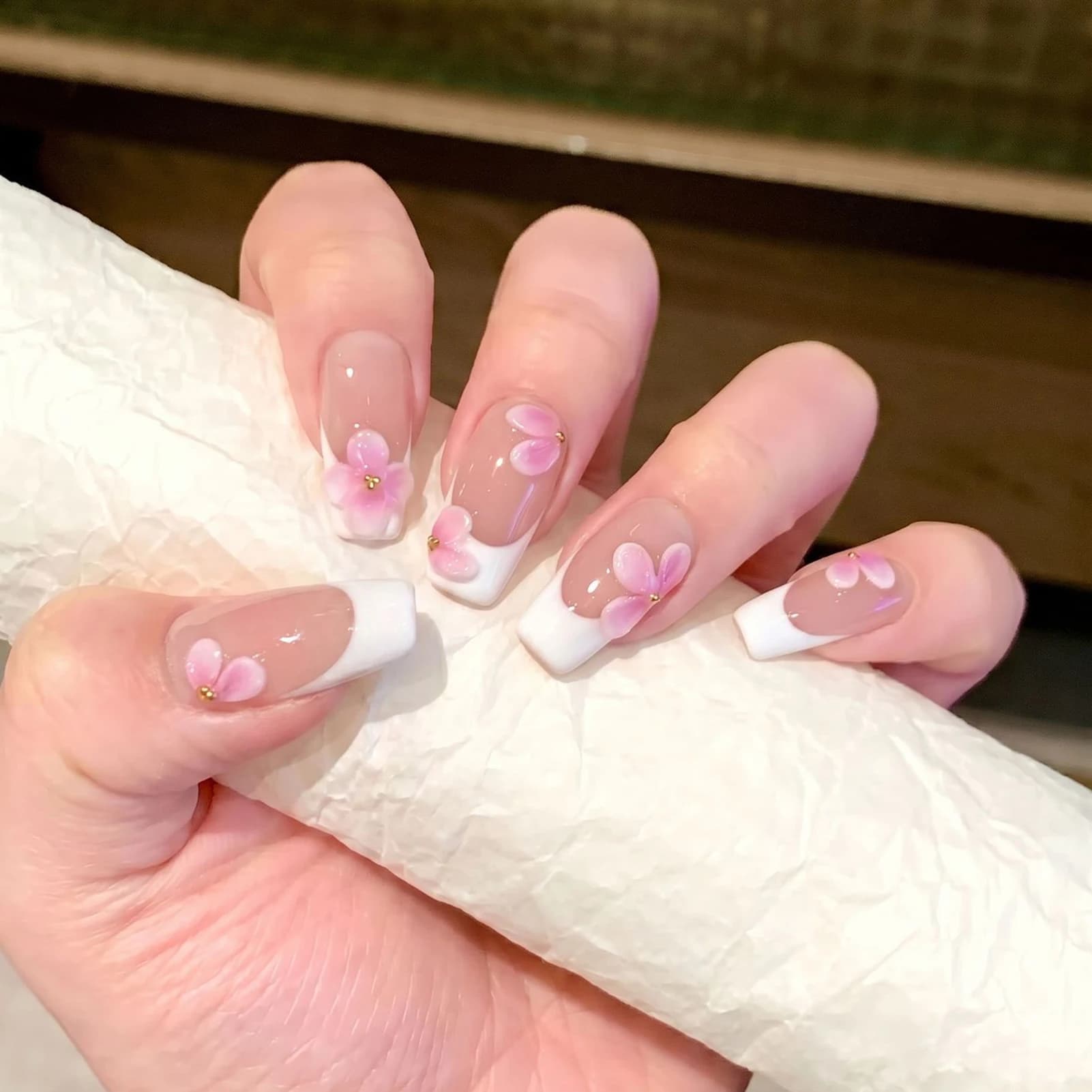 10pcs White French Style Tips False Nails with Pink 3D Carved Flower Nude Press on Nails DIY Handmade False Nails Manicure Art