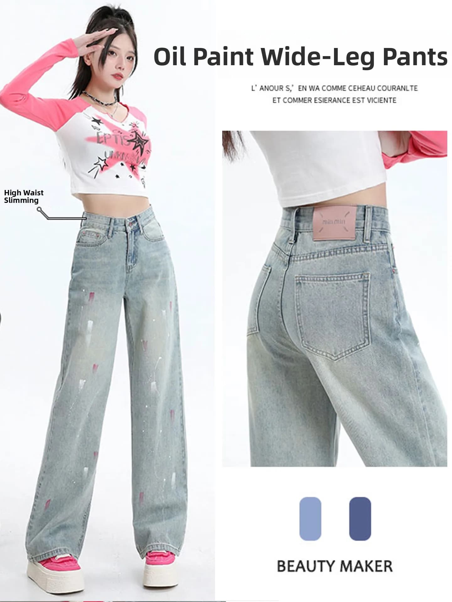 Jeans Larghi da Donna in Denim, Nuovi Modelli Autunno Inverno, Taglie Forti, Design Effetto Schizzi d'Inchiostro, Pantaloni a Tubo Dritti e Sottili