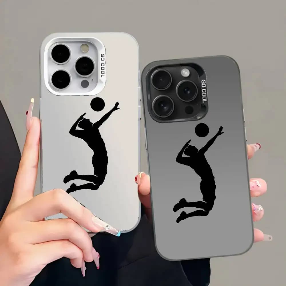 Cover per iPhone 17 16 15 14 13 12 11 Pro Max Plus con motivo giocatore di pallavolo, sfumatura argento, design accattivante