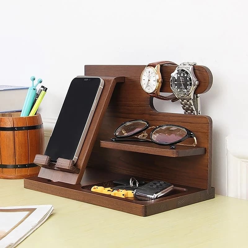 Comodino in legno Docking station per telefono in legno Supporto per portafoglio Portaoggetti per orologi San Valentino Multifunzionale