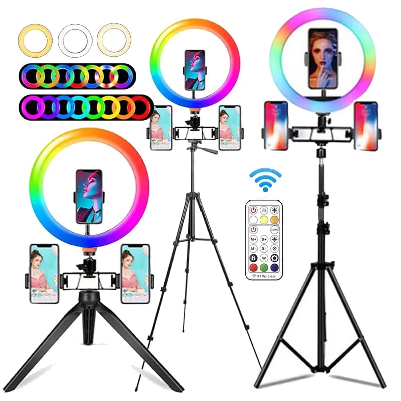 10 inch RGB ring light with remote LED ring light tripod for Selfie Bluetooth with 3 phone support for Tik Tok