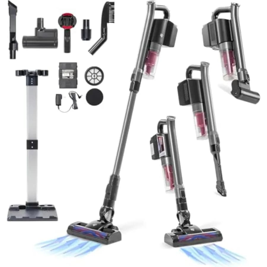 Wireless Vacuum Cleaner Power Brush for Low Profile Carpets and Dure Floors with 6-in-1 Support and Accessories, 9000Pa Intake, LED