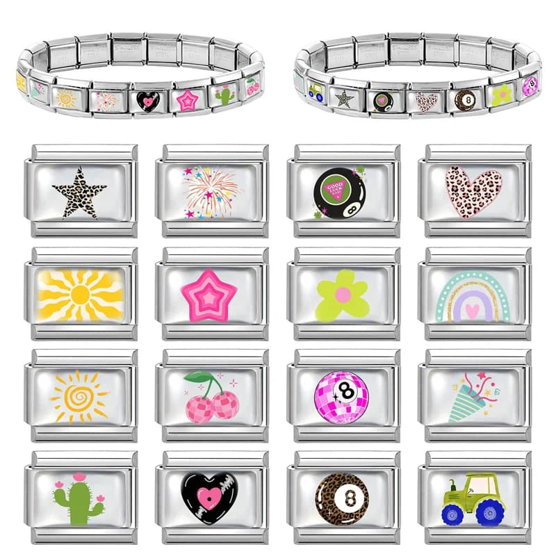 Y2k Stella colorata Cuore Luna Arcobaleno Ciondoli italiani Collegamenti adatti Bracciale in acciaio inossidabile da 9 mm Donna Fai da te Creazione di gioielli Regali