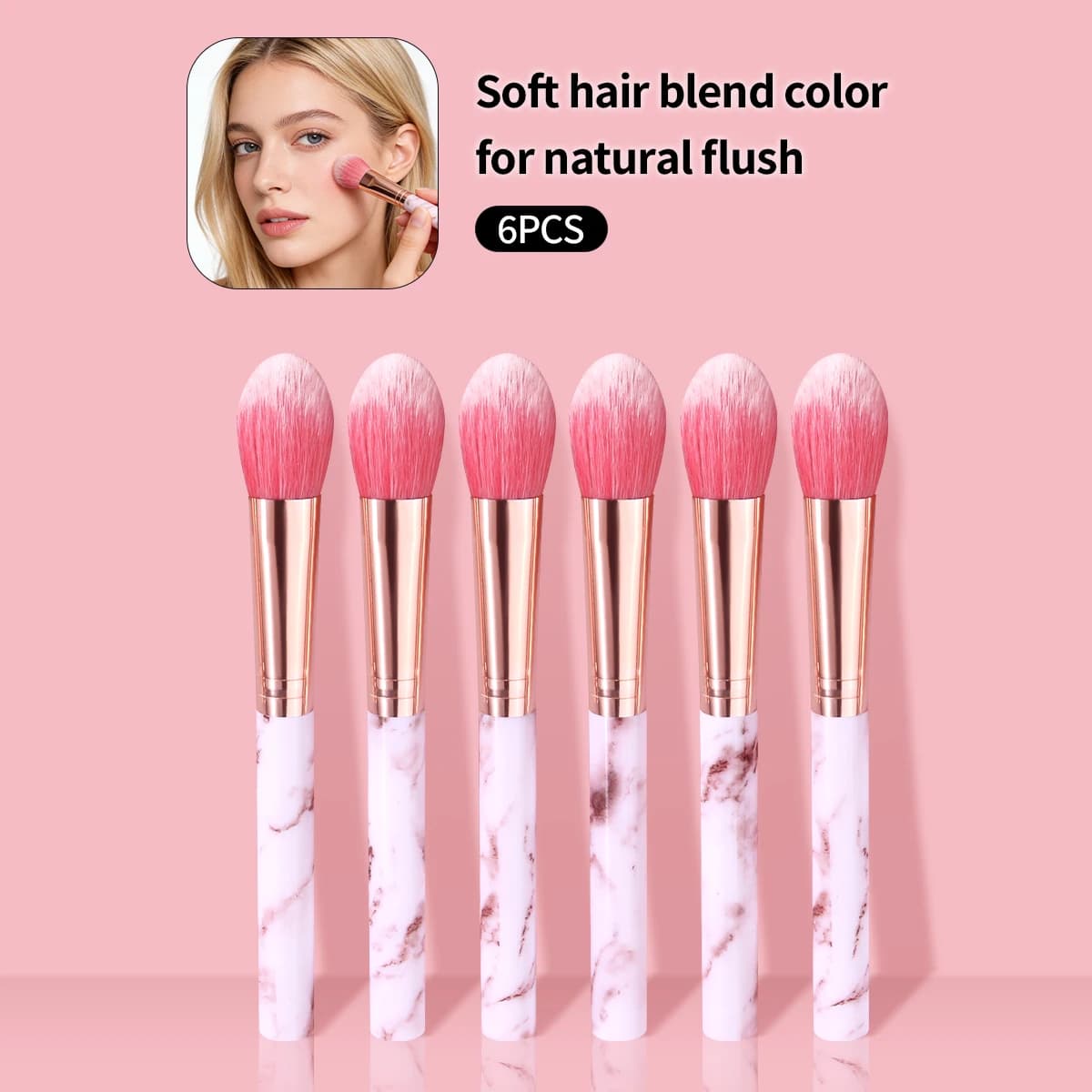 Set of 6 Soft Brushes with Motive Marmorized for Blush, Contouring, Cypria, Easy to Use, Beauty Tools for Beginners