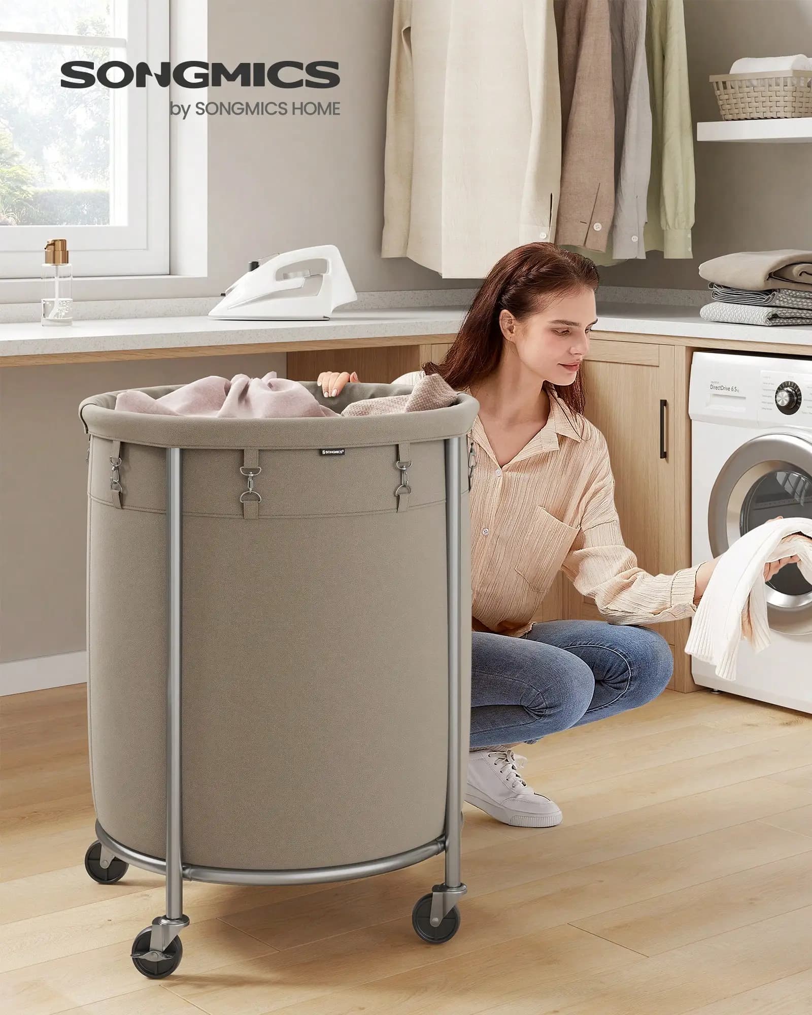 Laundry Basket With Wheels, Rolling Laundry Hamper, 45 Gal., Round Laundry Cart With Steel Frame And Removable Bag, 4 Casters And 2 Brakes