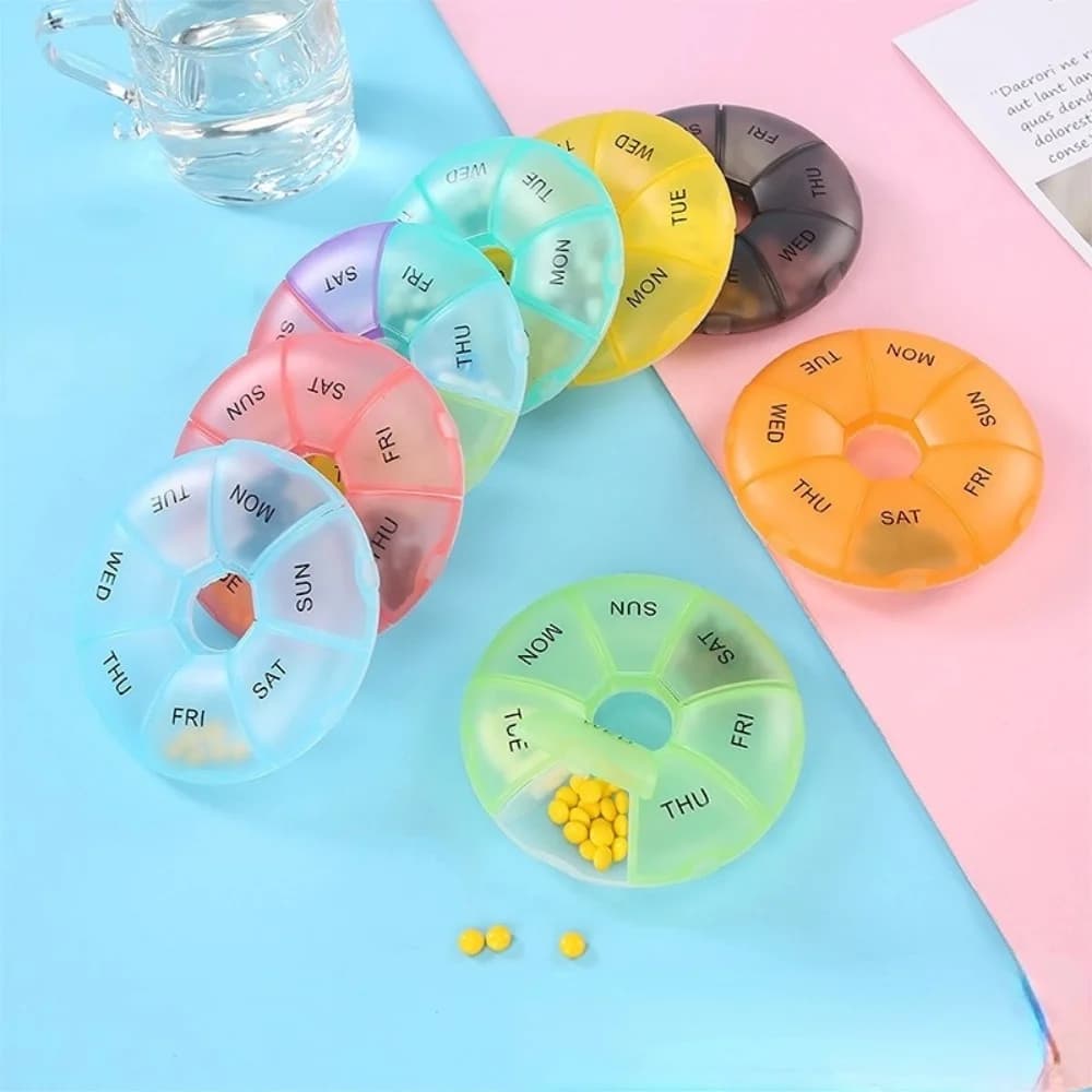 New Premium Round Tablet for 7 Days, Organizer for Travel Medicines with Safe Closure for Vitamins, Supplements and Fish Oils
