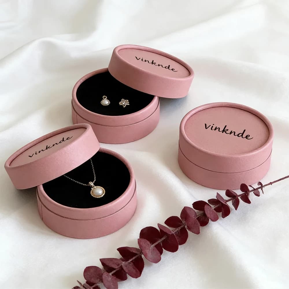 Confezione Rotonda per Gioielli con Logo Personalizzato, 50 Scatole in Cartone Rosa per Orecchini di Perle e Ciondoli, Espositore Organizzatore 10x5