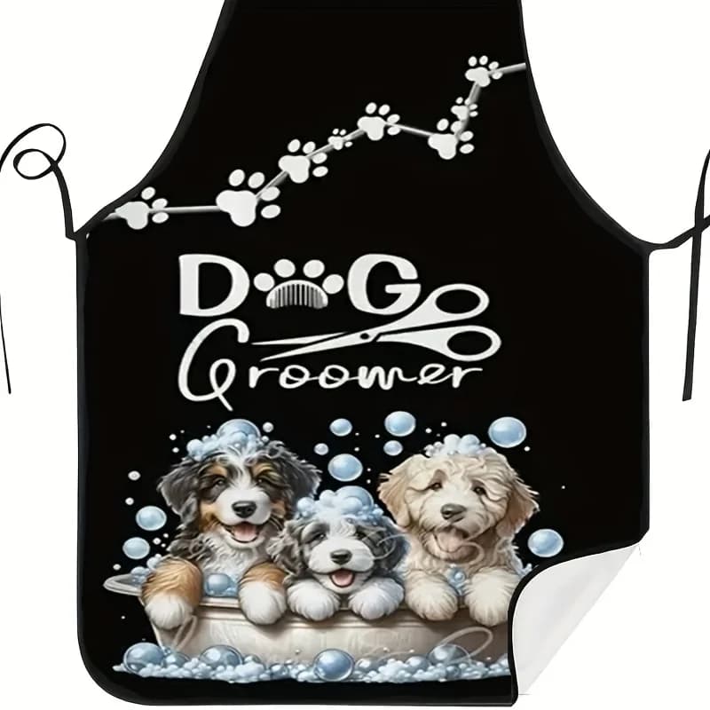 Grembiule per toelettatura per cani da donna Design per taglio di capelli per cani con cucciolo carino con stampa di zampa di bolle Grembiule nero per toelettatura per animali domestici per toelettanti per cani