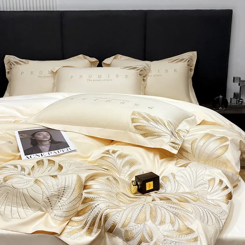 Bed Linen Set with Golden Embroidery, Luxury 100% Cotton Cover Set, Bed Sheets and Loyalty, Home Textiles