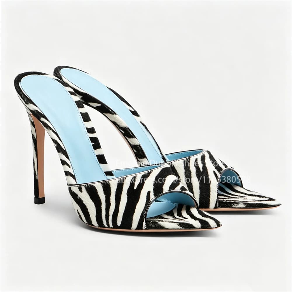 Zebra Print Faux Pony Hair Stilettos Heel Mules Peep Toe Slip on Sandals Animal Print Sandals Party Summer Women Casual Shoes