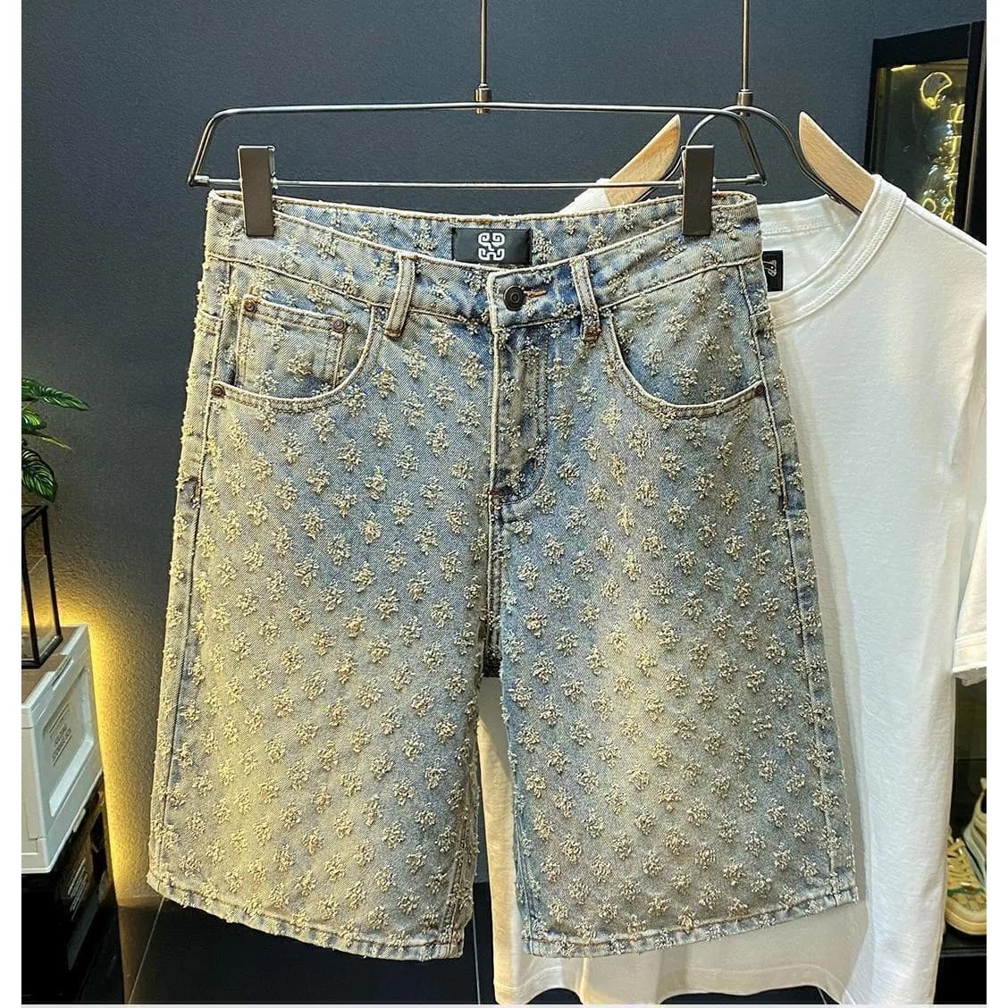 Men's summer denim shorts, casual, wide, medium-high waist, fashionable, vintage, knee-length