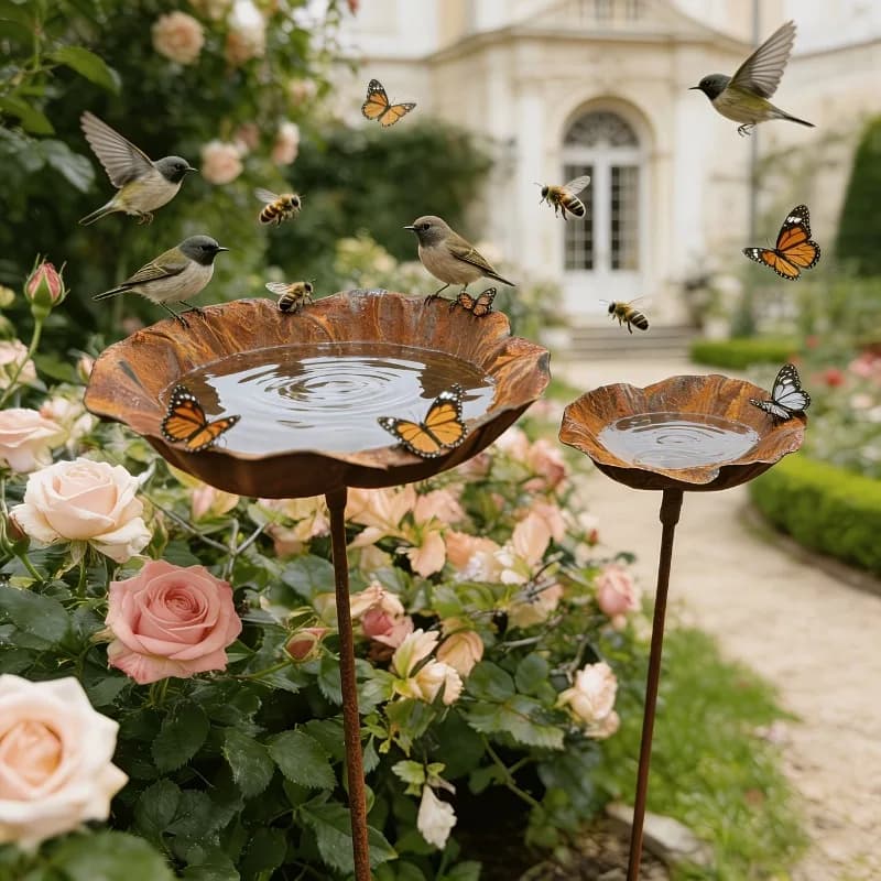 2 PCS Rural Style Metal Garden Flower Rack, Decorative Bird Bath Outdoor, Bird Feeders for Yard Lawn and Backyard Decoration