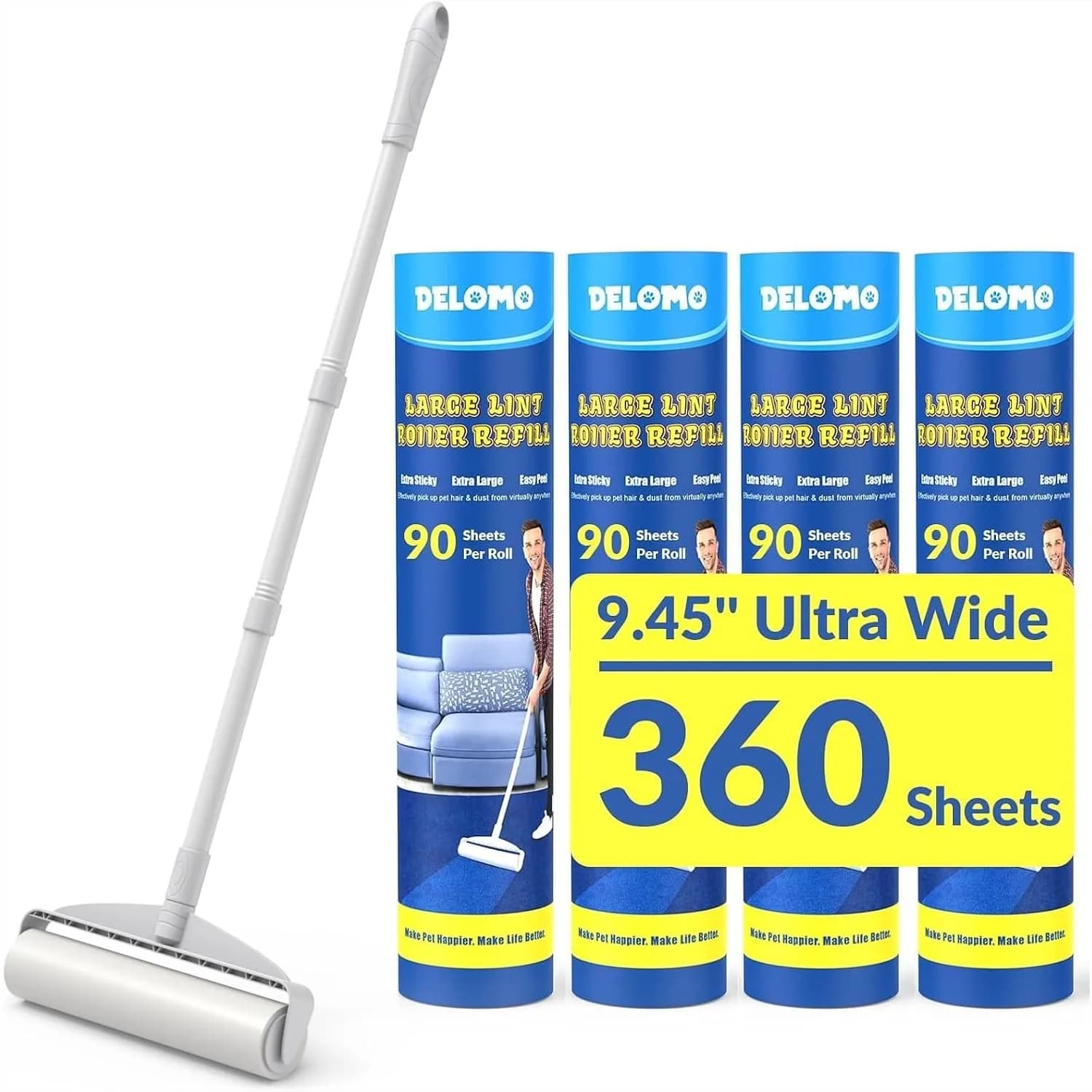 Large Lint Roller for Carpet with 45" Extendable Handle, Sticky Mop for Pet Hair, Floor, Bedding & Furniture
