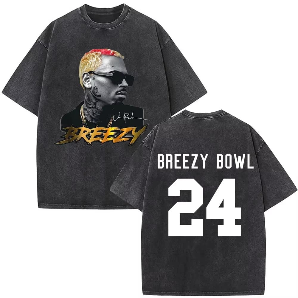T-Shirt Vintage Lavata del Rapper Chris Brown Breezy Bowl XX Tour 11:11, Moda Hip Hop per Uomo e Donna, Maglietta Oversize in Cotone