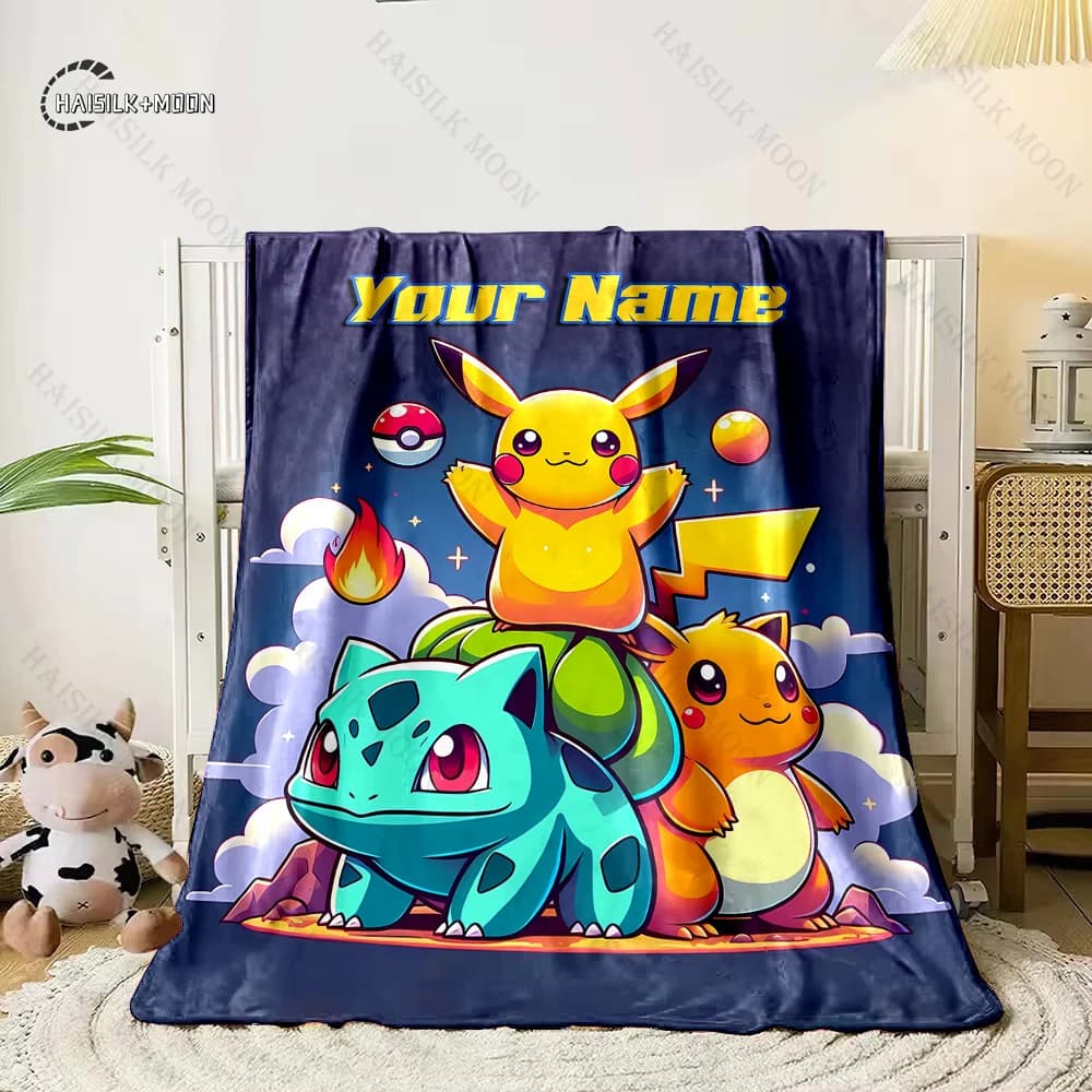 Coperta Personalizzata con Nome e Stampa Pokemon Pikachu Charizard, Multiuso per Tutte le Stagioni, per Pisolino, Campeggio, Viaggi, Auto, Divano, Camper