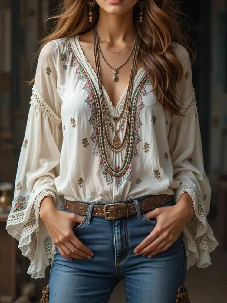 Women's blouse with V-neck, ethnic style, long sleeves, bohémien, for holidays, with retro print and lace inserts, casual, vintage, autumn top