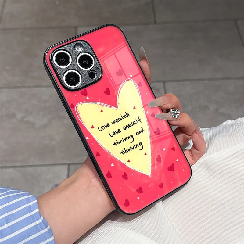 Custodia per telefono anti-caduta in vetro con design a cuore e fumetti, per iPhone 11/12/13/14/15/16/17 Pro MAX