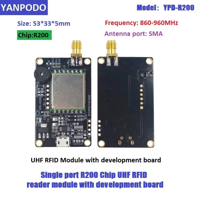 Modulo Lettore RFID UHF con Chip R200 e Antenna | Raggio d'azione da 1-15 m, USB TTL UART | SDK Gratuito per ESP32, Raspberry Pi, Android