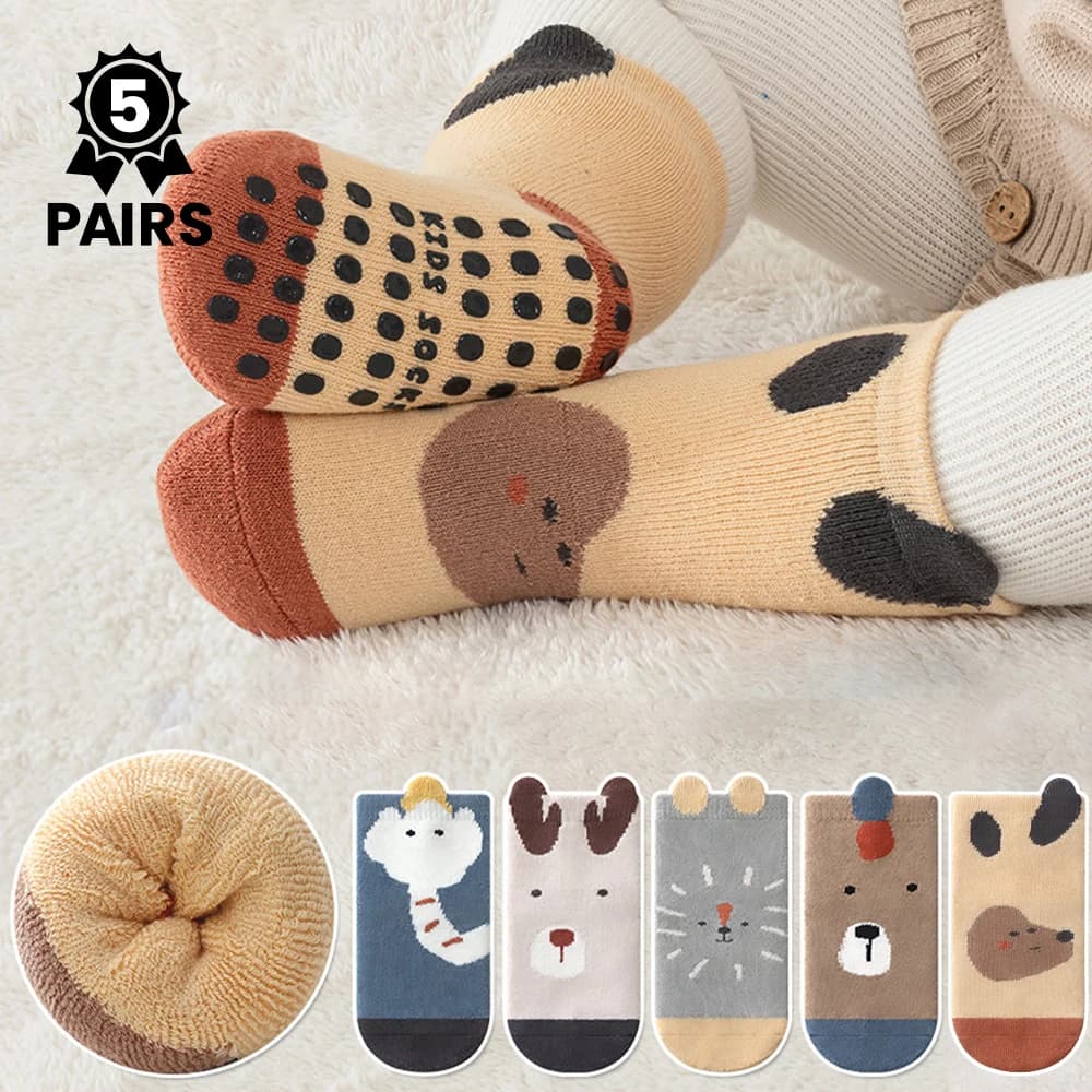 5 Pairs Thickly-Woven Looped Baby Socks, Kid's Adhesive Anti-Slip Cartoon Animal Socks, Suitable for Wearing in Autumn and Winte