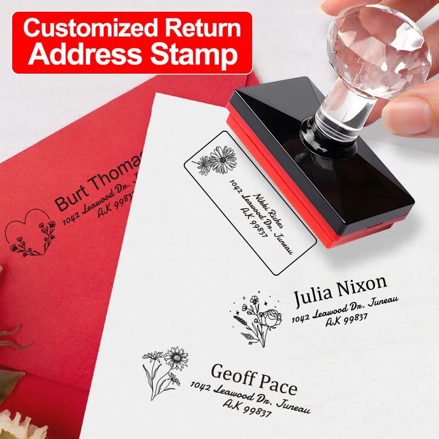 Set of custom laser address stamps: custom gifts for weddings and offices, engraved postal tools with ecological ink