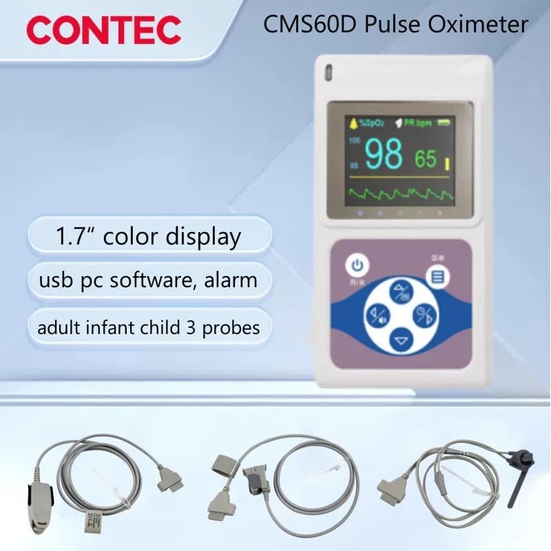 CMS60D 24 hour finger pulse oximeter Newborn Spo2 Monitor Oxygen Saturation In Blood Baby Adult 3 probes O2, USB PC software