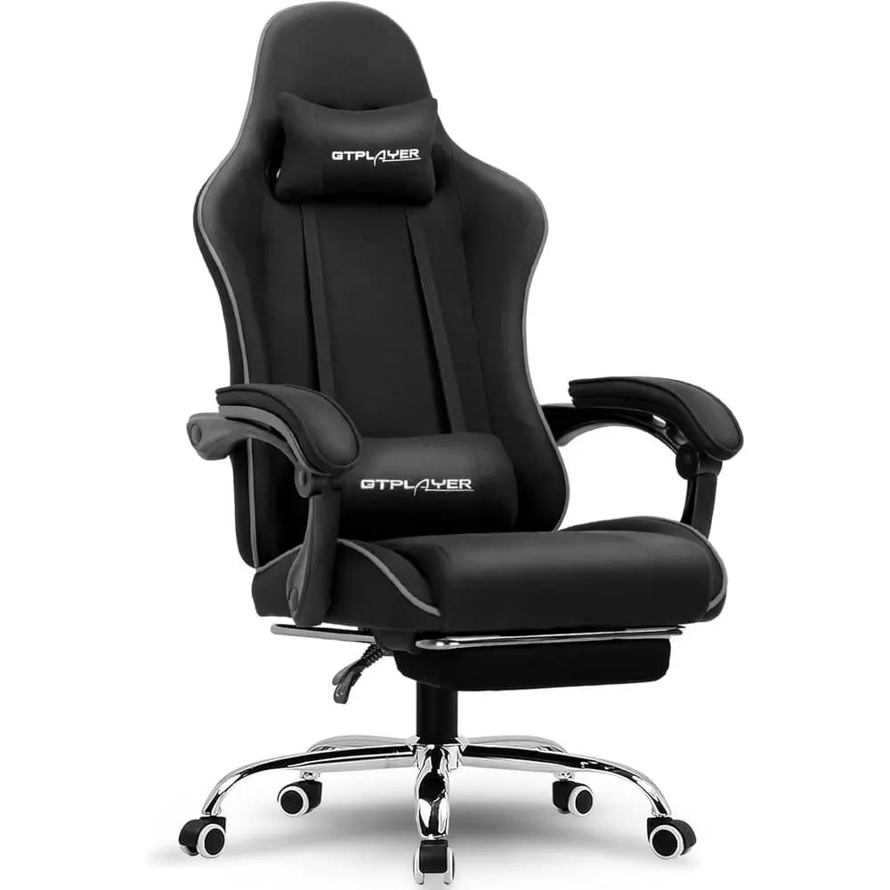 Sedia da gaming regolabile in altezza con supporto lombare, 360 ° Poltrona Girevole e Pouf (Pelle Sintetica, Nera)