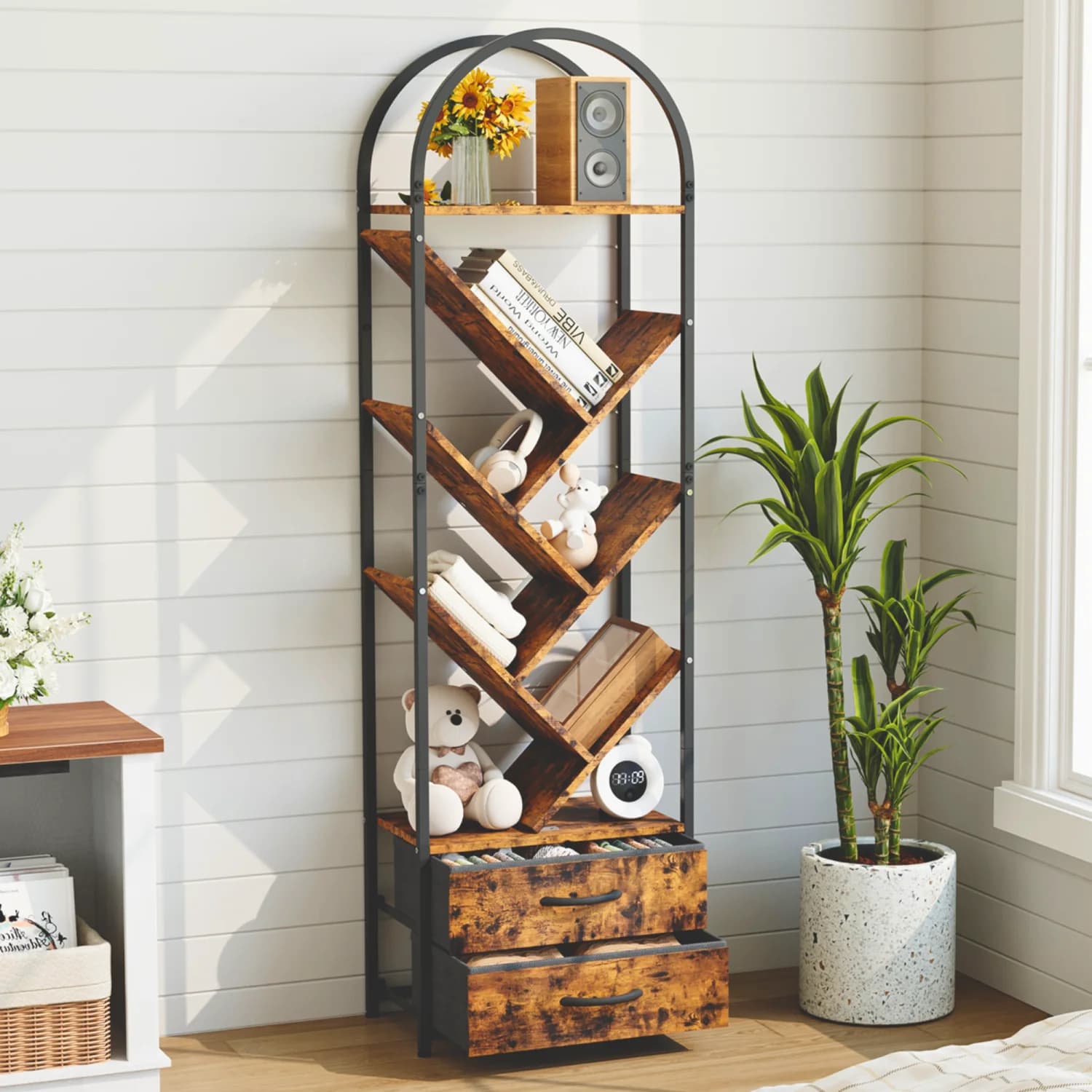 55" Industrial Arched Bookshelf 6 Tier Narrow Tall Book Shelf Storage Organizer with 2 Fabric Drawers Small Space Bookcase for Bedroom Apartment Home Office
