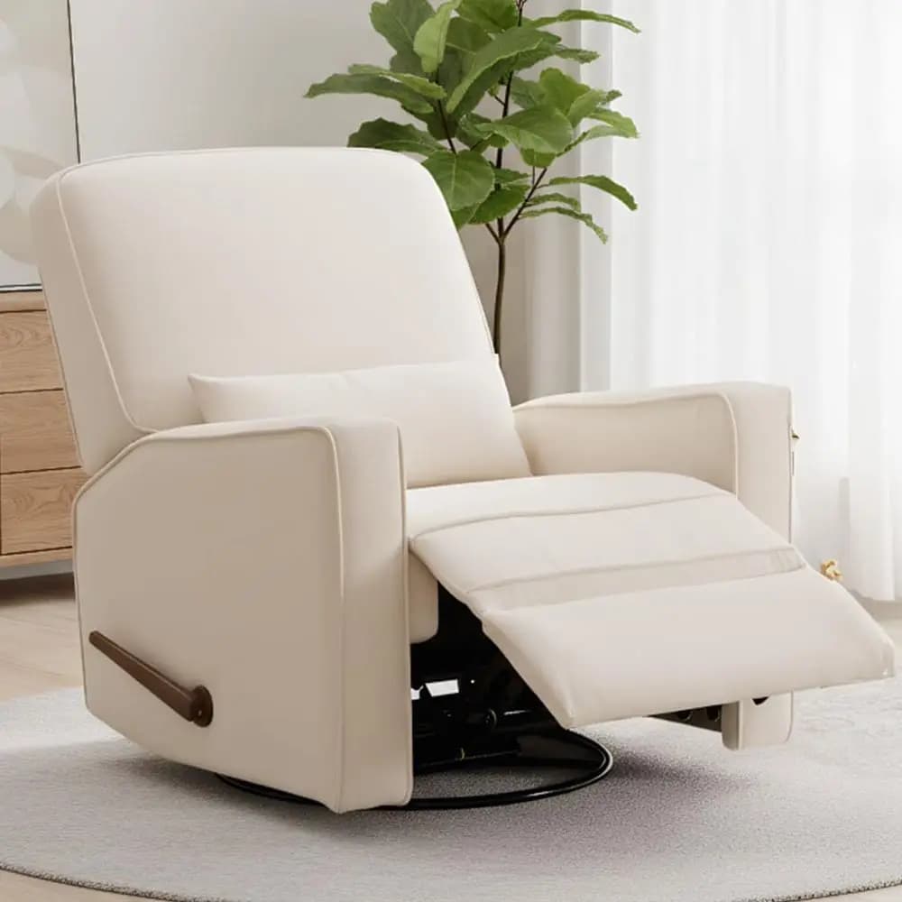 Poltrona a dondolo per cameretta, poltrona reclinabile girevole a 360° con supporto lombare per camera da letto, comoda poltrona imbottita con cuscini e poggiapiedi