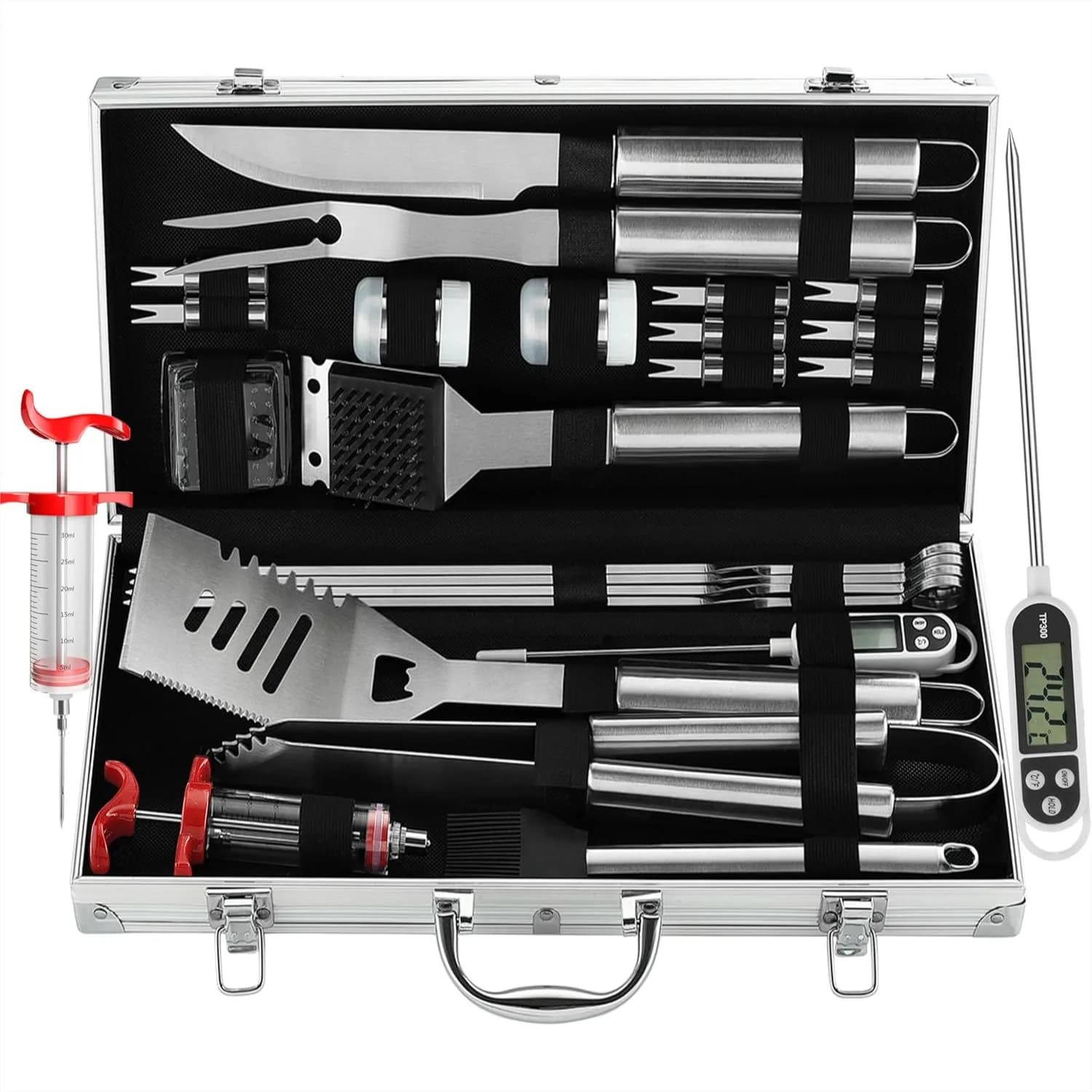 Set di 24 Utensili per Barbecue con Termometro e Iniettore per Carne - Forchette, Spatole e Pinze in Acciaio Inox Extra Spesso - Set Completo per BBQ