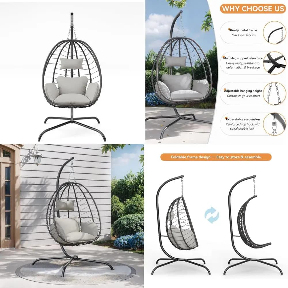 Sedia a dondolo a forma di uovo in vimini per esterni con cuscino resistente ai raggi UV, resistente alle intemperie per patio, giardino o camera da letto, beige