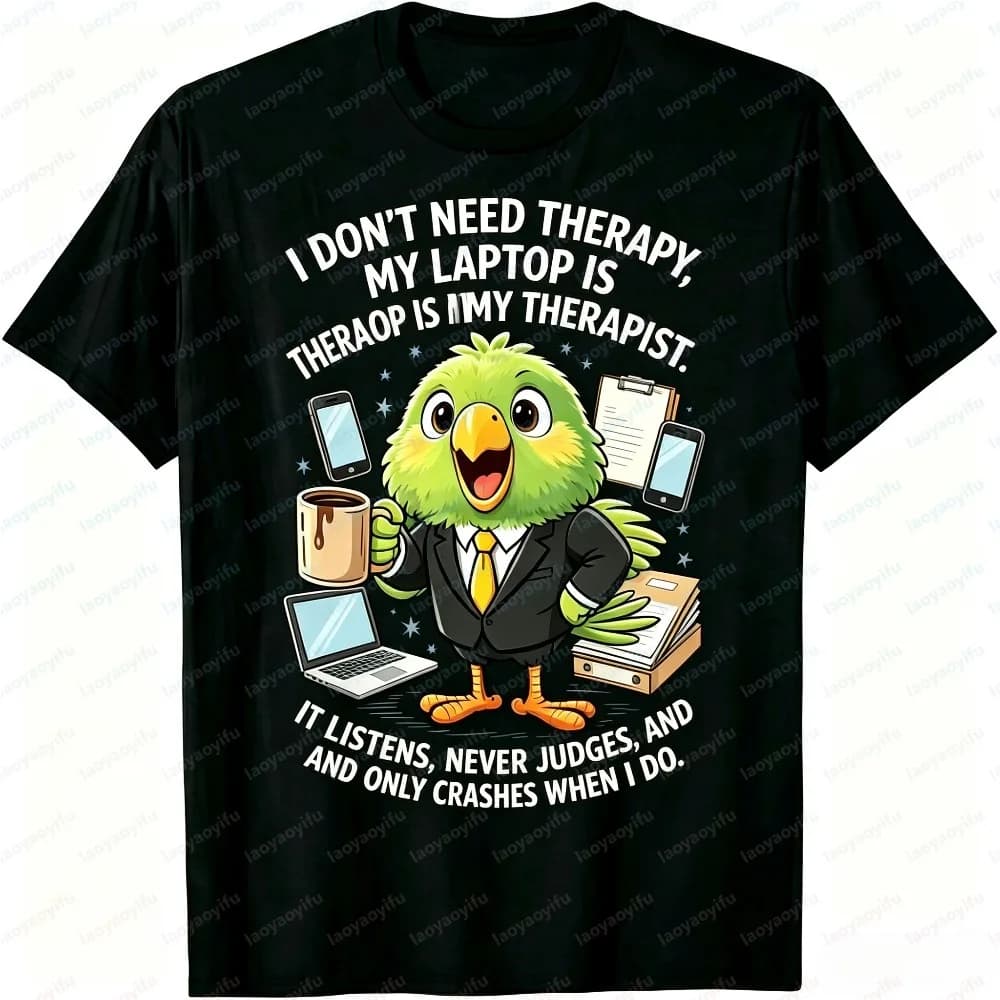 T-shirt Estiva da Uomo a Maniche Corte con Stampa Divertente di Pappagallo, Girovaglio d'Ufficio, per Uso Quotidiano, in Cotone, Casual, con Stampa di Terapista per Laptop