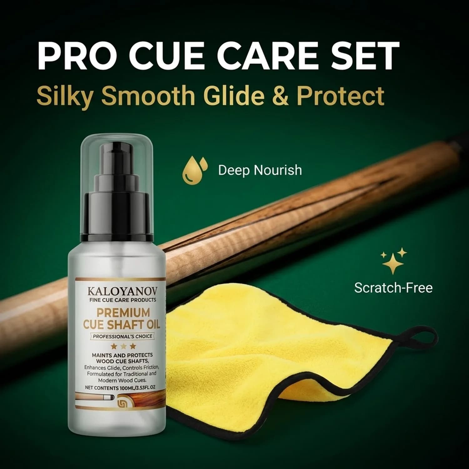 Set Olio per Stecche da Biliardo 100ml e Panno in Microfibra - Condizionatore Premium per Legno, Lucidante e Detergente per Scorrimento Fluido, per Stecche da Snooker, Pool e Acero