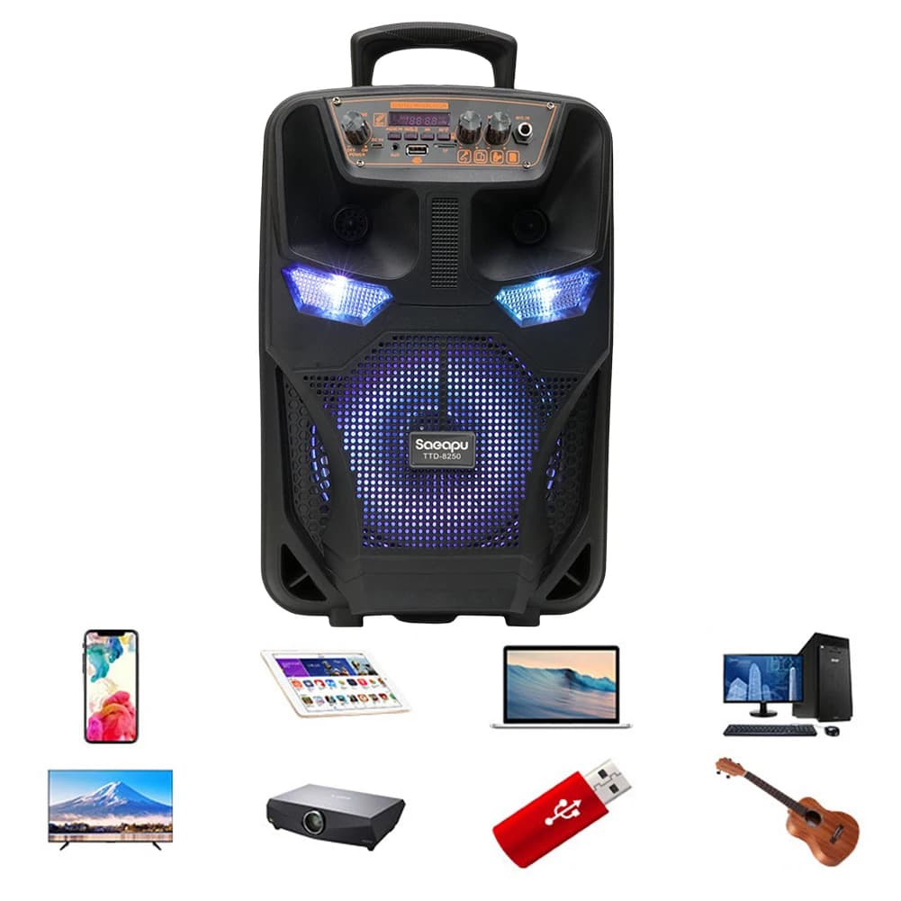 Bluetooth compatible speaker, stereo audio system with remote control and microphone, subwoofer support, outdoor FM radio